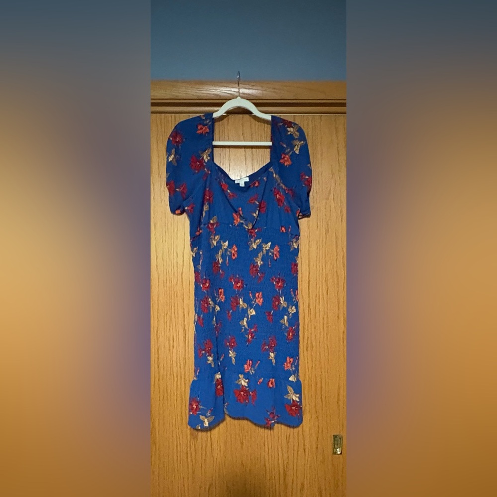 Leith Blue Dress with Red Floral Accents